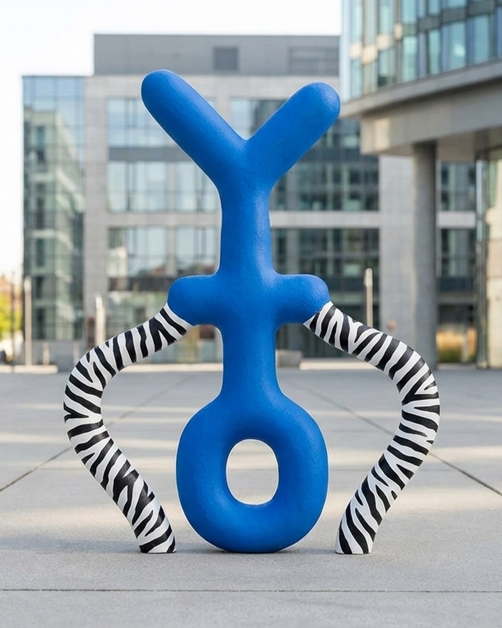 ONS at public scale: a blue work with striped limbs in a public square
