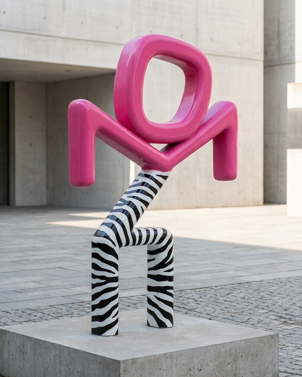 ONS at public scale: a pink work with striped limbs on a concrete plinth
