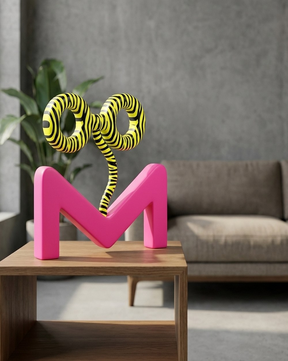 An ONS work with a pink base and two yellow-and-black striped loops