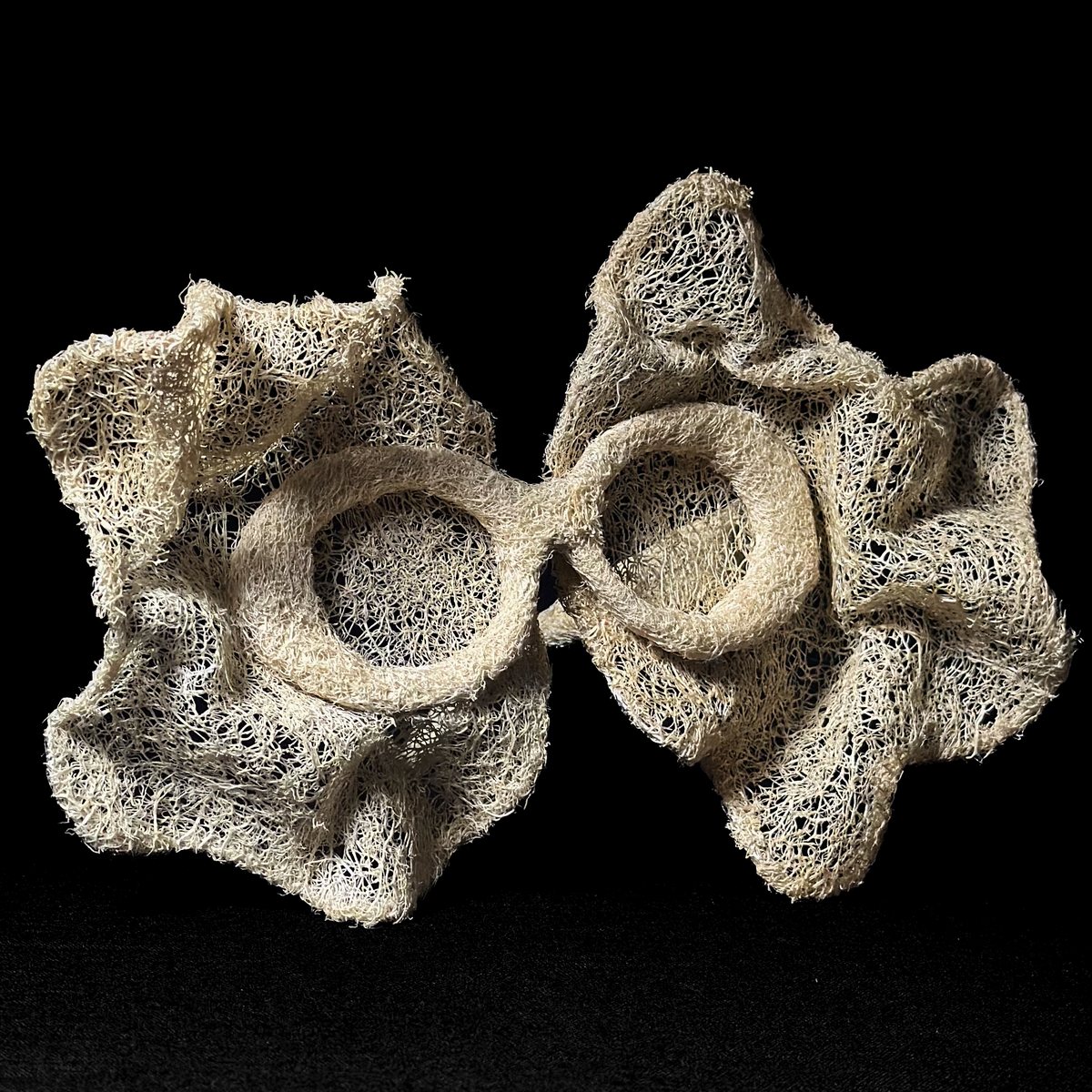Third Eye: a sculptural structure of natural fibers with two circular openings, on a black ground