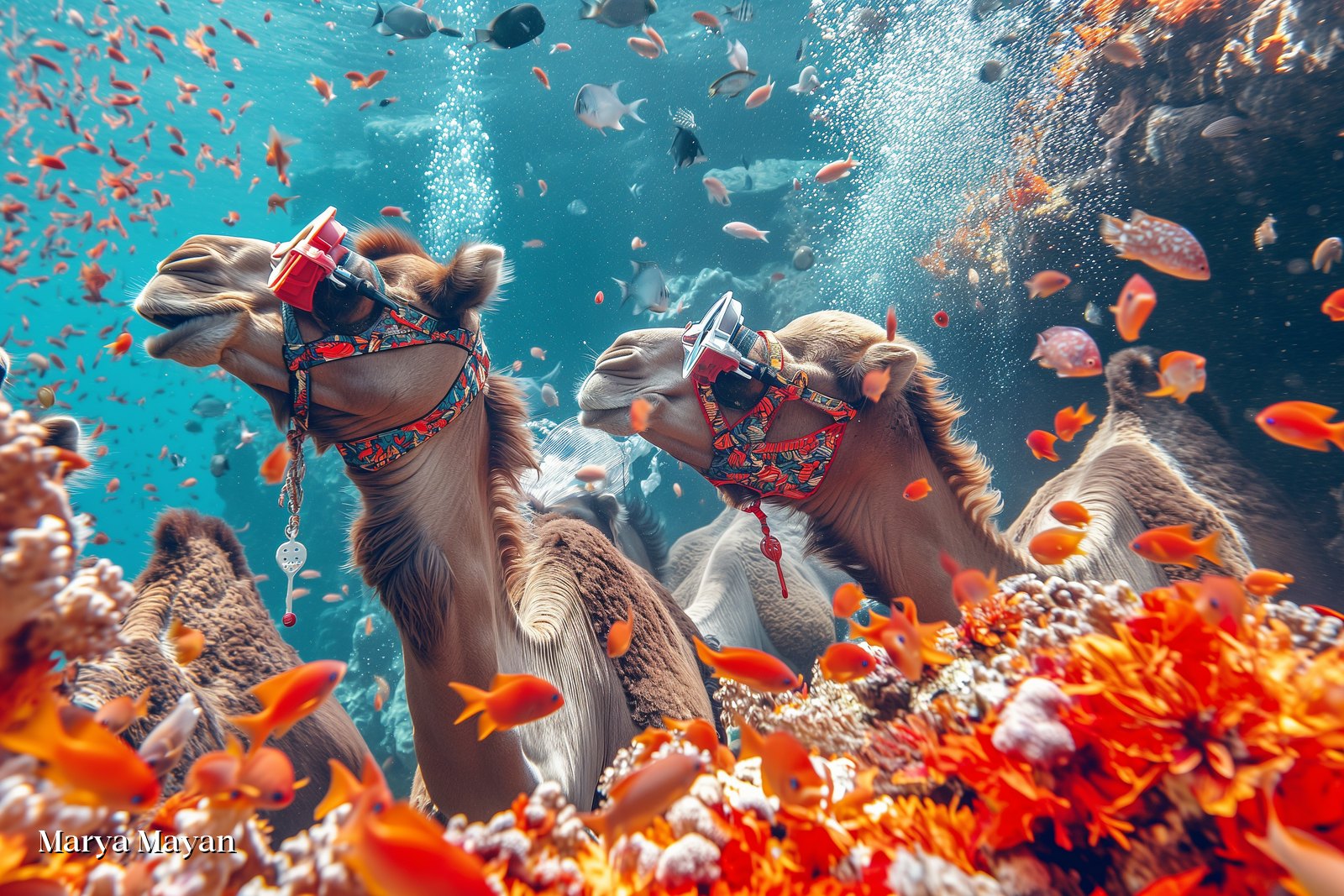 Two camels in snorkel masks among orange reef fish — Unfamiliar by Marya Mayan