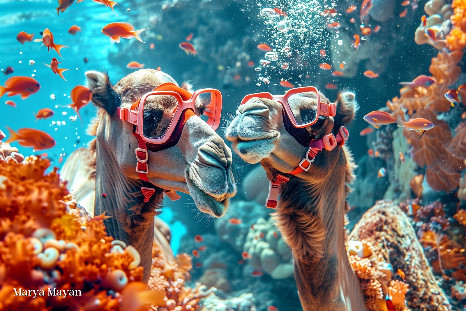 Two camels facing each other underwater in snorkel masks — Unfamiliar by Marya Mayan
